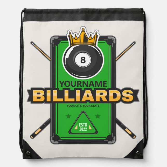 Personalized Pool Hall NAME 8 Ball Crown Billiards Drawstring Bag (Front)