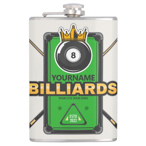 Personalized Pool Hall NAME 8 Ball Crown Billiards Flask