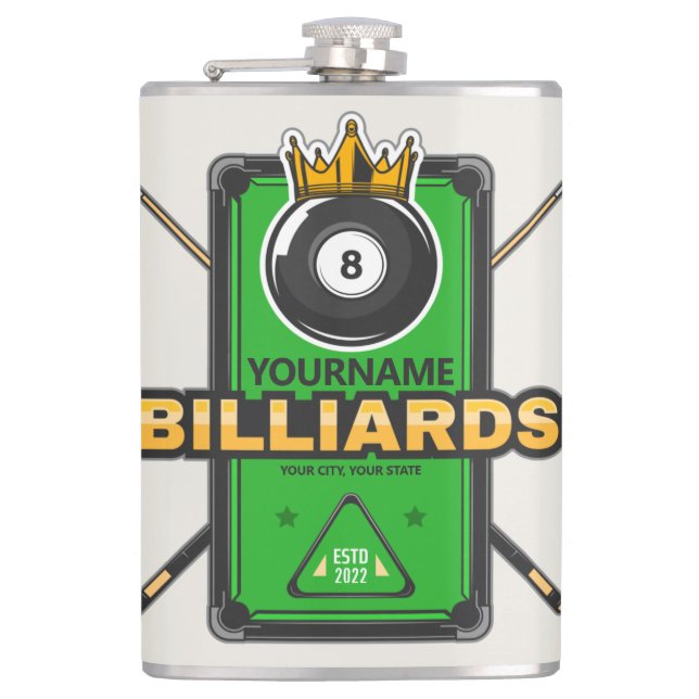 Personalized Pool Hall NAME 8 Ball Crown Billiards Flask (Front)