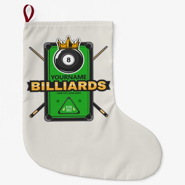 Personalized Pool Hall NAME 8 Ball Crown Billiards Large Christmas Stocking (Front)