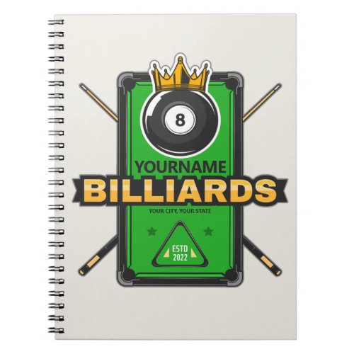 Personalized Pool Hall NAME 8 Ball Crown Billiards Notebook