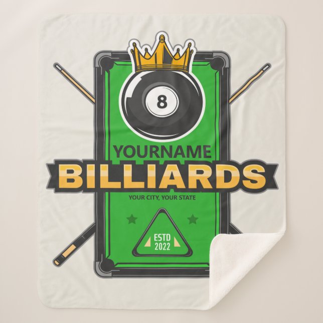 Personalized Pool Hall NAME 8 Ball Crown Billiards Sherpa Blanket (Front)