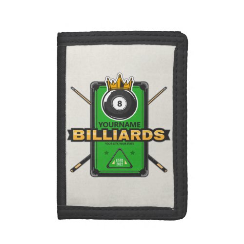 Personalized Pool Hall NAME 8 Ball Crown Billiards Trifold Wallet