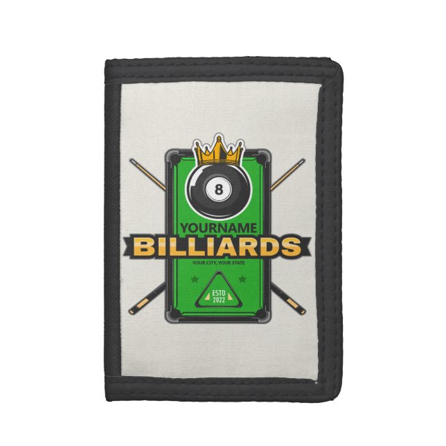 Personalized Pool Hall NAME 8 Ball Crown Billiards Trifold Wallet (Front Vertical)
