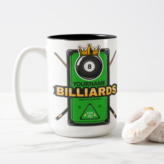 Personalized Pool Hall NAME 8 Ball Crown Billiards Two-Tone Coffee Mug (With Donut)