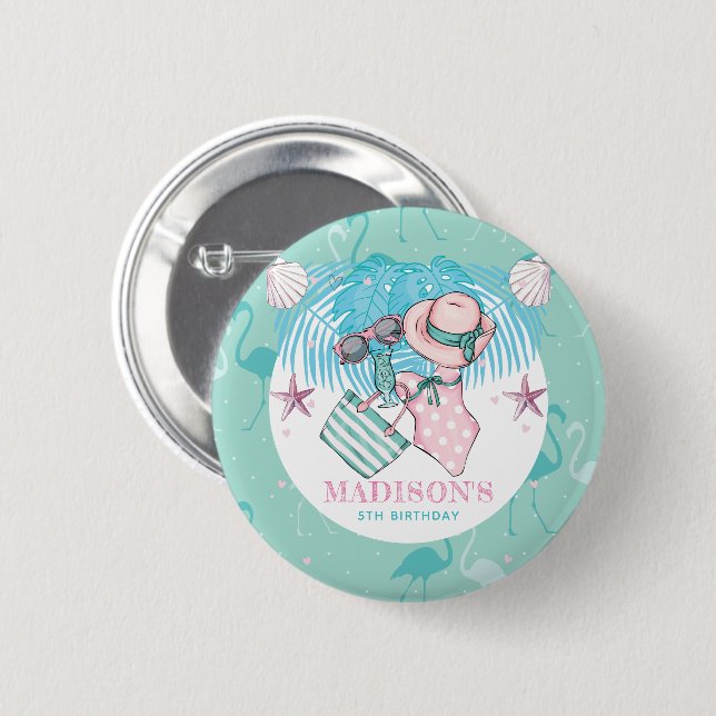 Personalized Pool Party Pink Button (Front & Back)