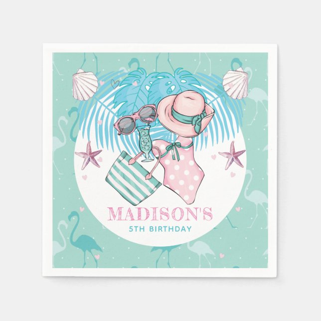 Personalized Pool Party Pink Turquoise Napkins (Front)