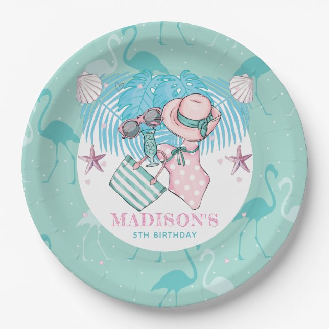 Personalized Pool Party Pink Turquoise Paper Plates (Front)