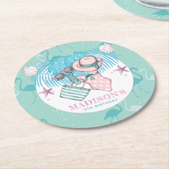 Personalized Pool Party  Round Paper Coaster (Angled)