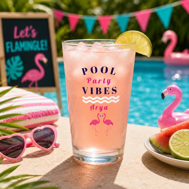 Personalized Pool Party Vibes Flamingo Drink Glass (Creator Uploaded)