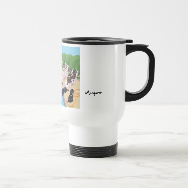Personalized Poolside Party Labradors Travel Mug (Right)