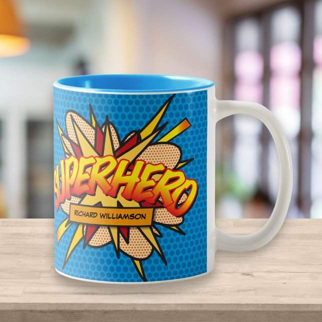 Personalized Pop Art Comic Book SUPERHERO Two-Tone Coffee Mug (Creator Uploaded)