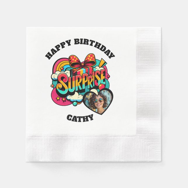 Personalized Pop Art Retro Birthday Photo Napkins (Front)