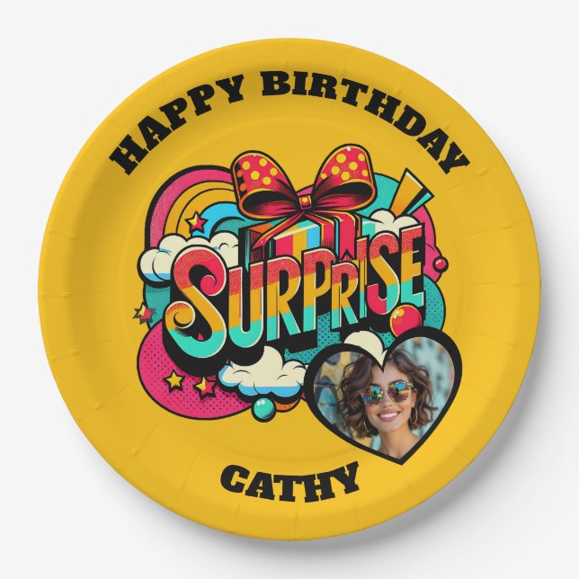 Personalized Pop Art Retro Birthday Photo Paper Plates (Front)