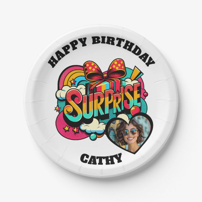 Personalized Pop Art Retro Birthday Photo Paper Plates (Front)