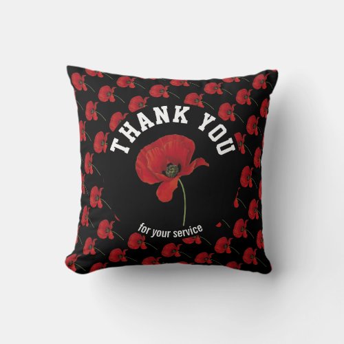 Personalized POPPY Remembrance Thank You BLACK Throw Pillow