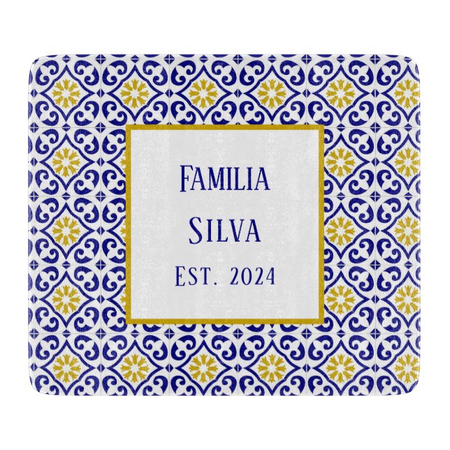 Personalized Portuguese Tiles Blue Mediterranean  Cutting Board (Front)