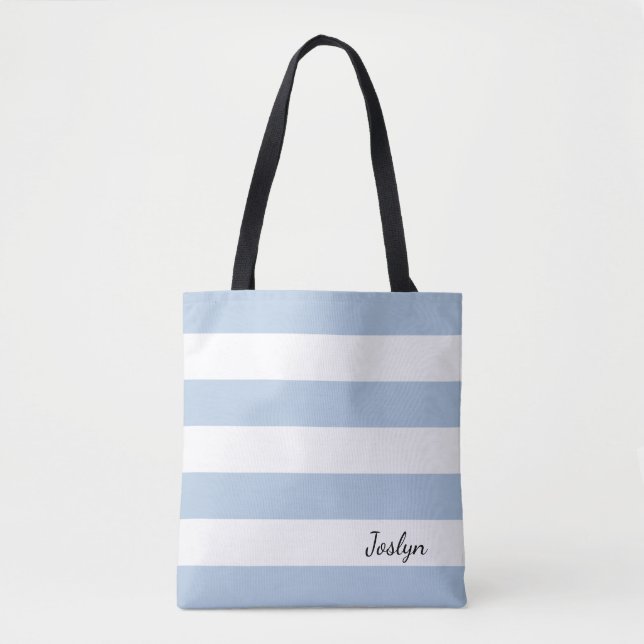 Personalized Powder Blue and White Striped Tote Bag (Front)