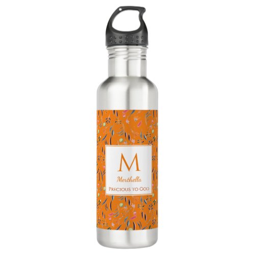 Personalized PRECIOUS2GOD Orange Floral Monogram Stainless Steel Water Bottle