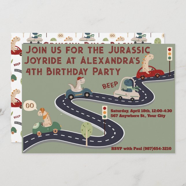 Personalized Prehistoric Colorful Dinosaurs Invitation (Front/Back)