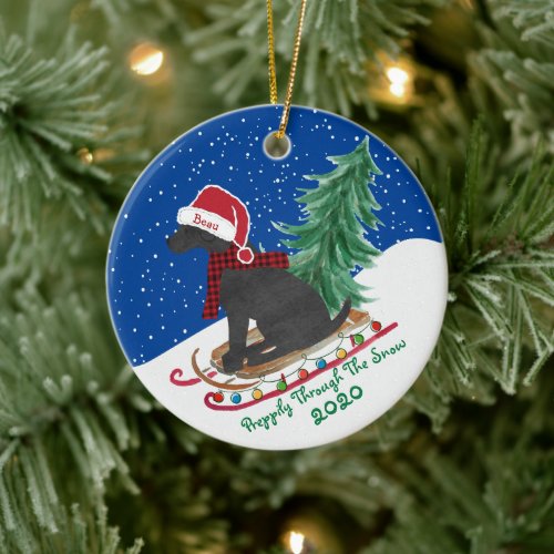 Personalized Preppy Black Lab Xmas Sled Ceramic Ornament