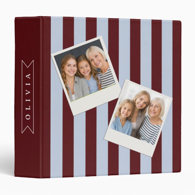 Personalized Preppy Brown Blue Cabana Stripe 3 Ring Binder (Front/Spine)