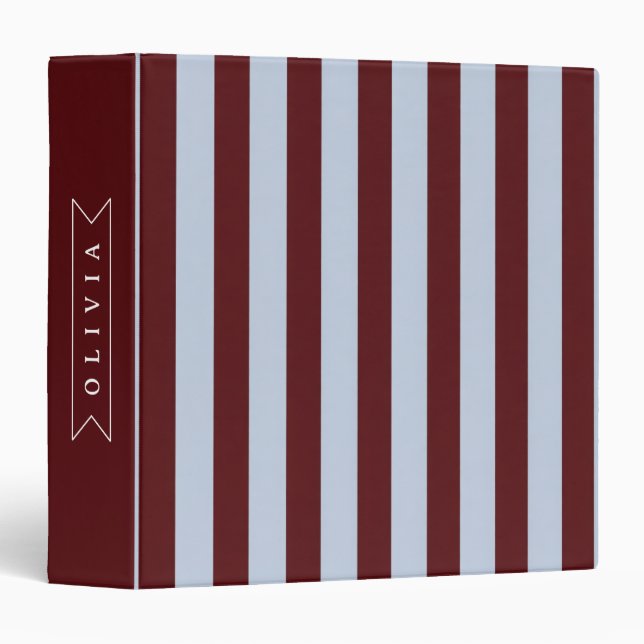 Personalized Preppy Brown Blue Cabana Stripe 3 Ring Binder (Front/Spine)