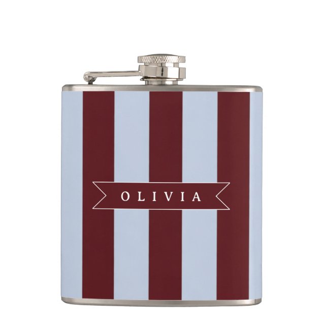 Personalized Preppy Brown Blue Cabana Stripe Flask (Front)