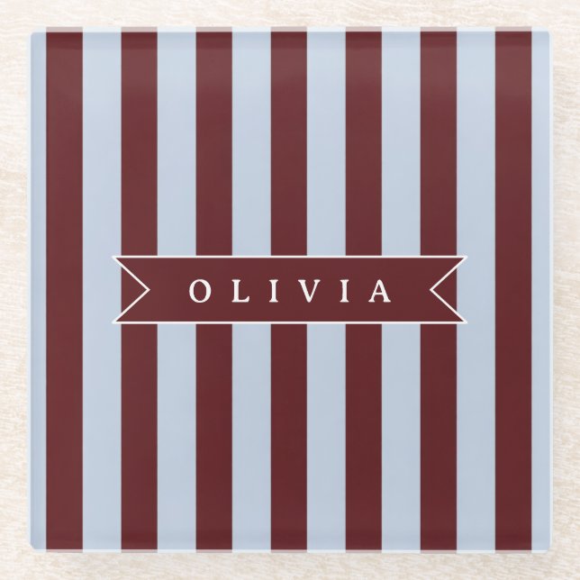 Personalized Preppy Brown Blue Cabana Stripe Glass Coaster (Front)
