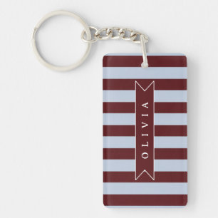 Personalized Preppy Brown Blue Cabana Stripe Keychain