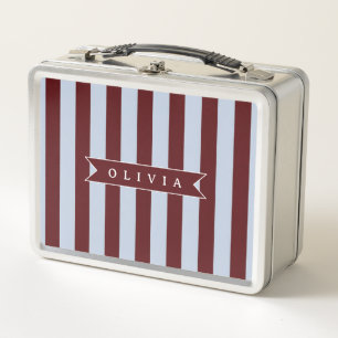 Personalized Preppy Brown Blue Cabana Stripe Metal Lunch Box