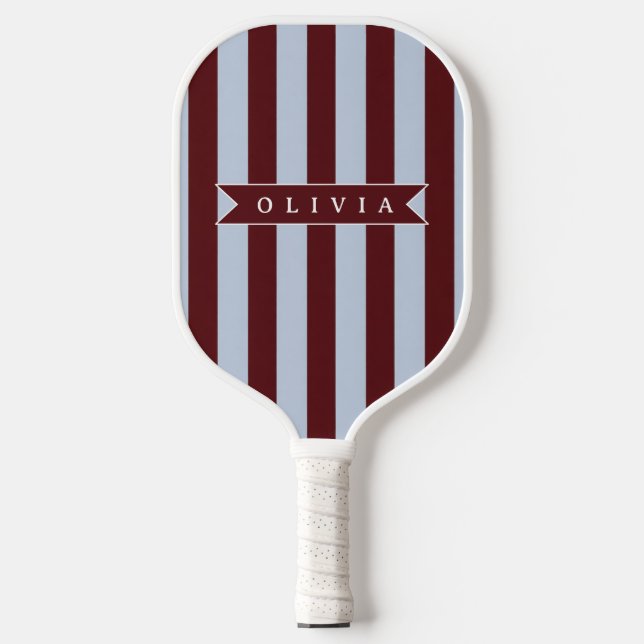 Personalized Preppy Brown Blue Cabana Stripe Pickleball Paddle (Front)