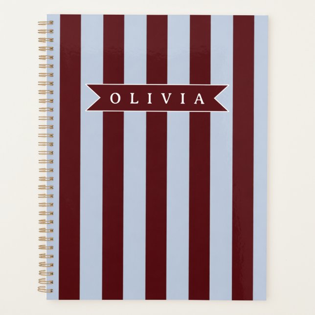 Personalized Preppy Brown Blue Cabana Stripe Planner (Front)