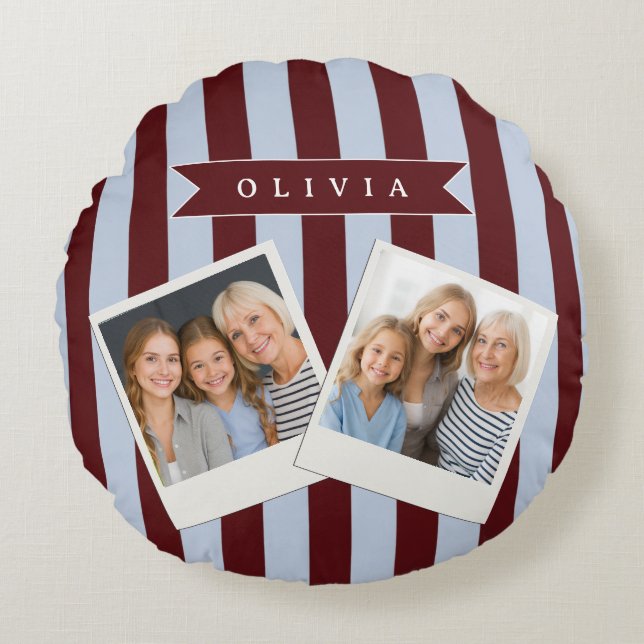 Personalized Preppy Brown Blue Cabana Stripe Round Pillow (Front)