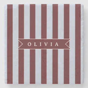 Personalized Preppy Brown Blue Cabana Stripe Stone Coaster
