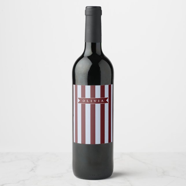 Personalized Preppy Brown Blue Cabana Stripe Wine Label (Front)