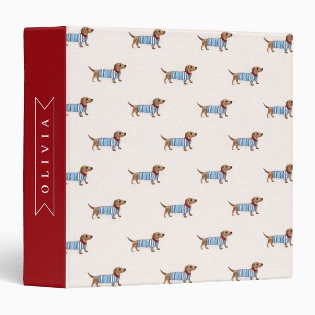 Personalized Preppy Cute Dachshund Dog Pattern 3 Ring Binder (Front/Spine)