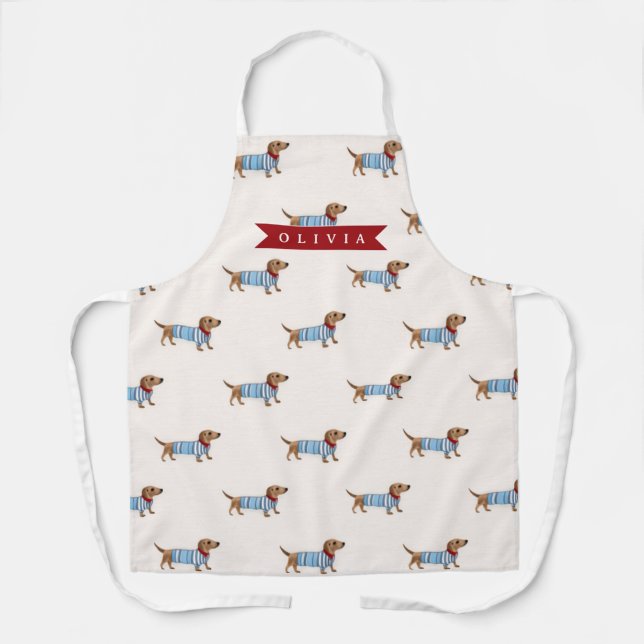 Personalized Preppy Cute Dachshund Dog Pattern Apron (Front)