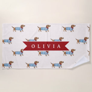 Personalized Preppy Cute Dachshund Dog Pattern Beach Towel