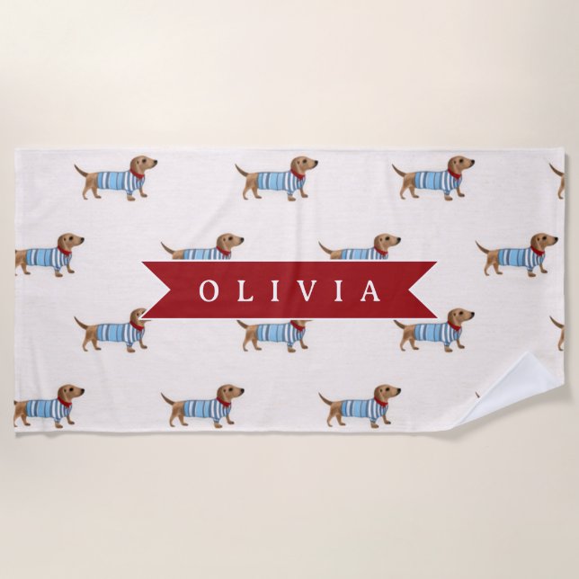 Personalized Preppy Cute Dachshund Dog Pattern Beach Towel (Front)