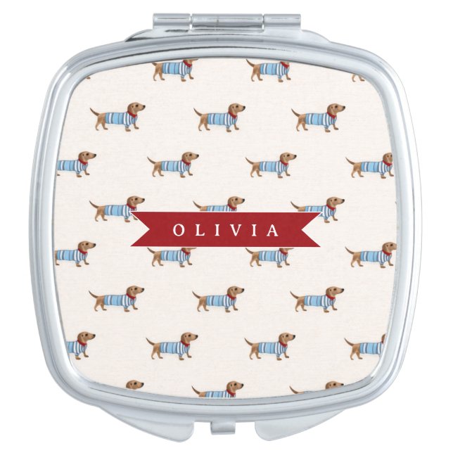 Personalized Preppy Cute Dachshund Dog Pattern Compact Mirror (Front)