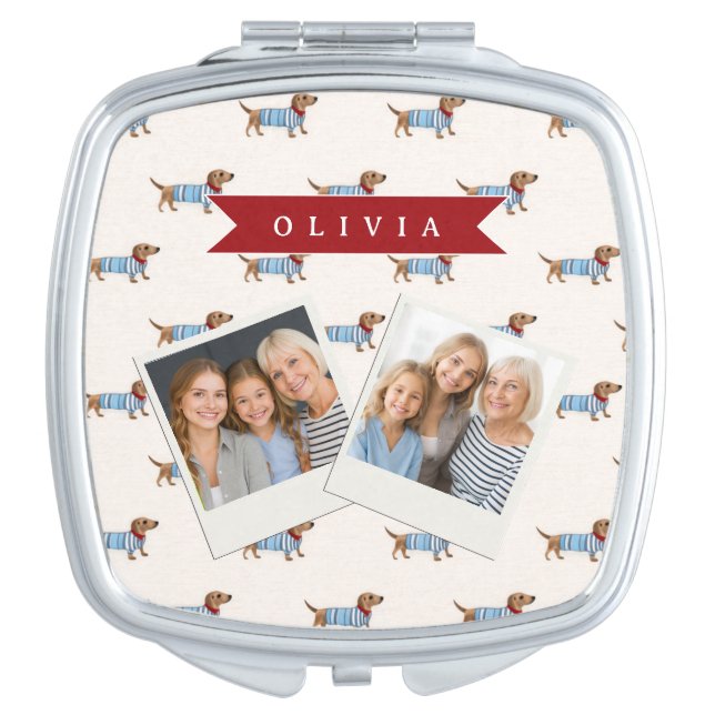 Personalized Preppy Cute Dachshund Dog Pattern Compact Mirror (Front)