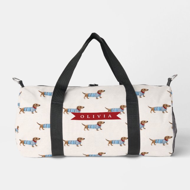 Personalized Preppy Cute Dachshund Dog Pattern Duffle Bag (Front)