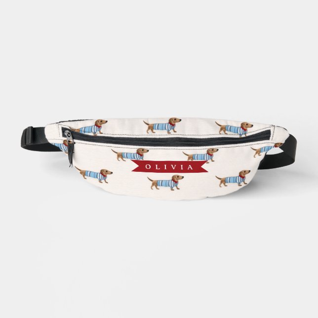 Personalized Preppy Cute Dachshund Dog Pattern Fanny Pack (Front)