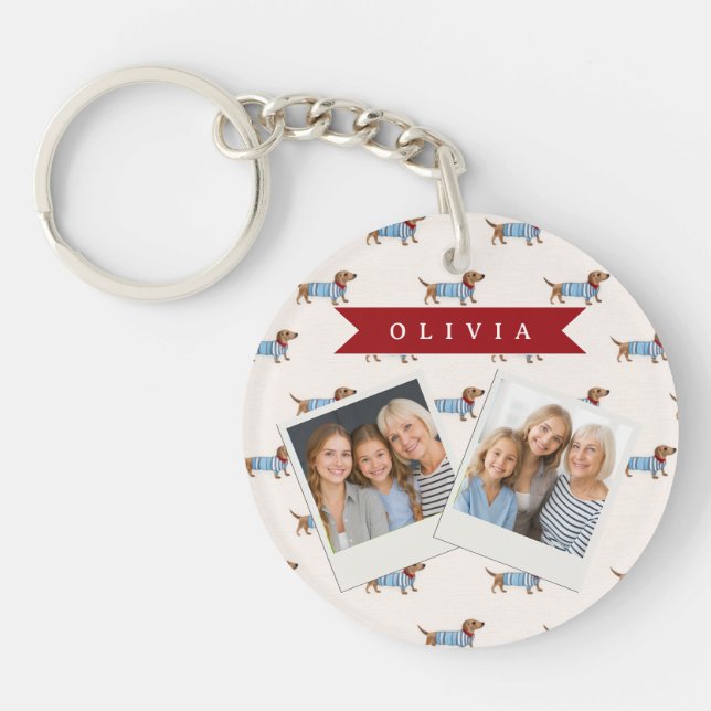 Personalized Preppy Cute Dachshund Dog Pattern Keychain (Front)