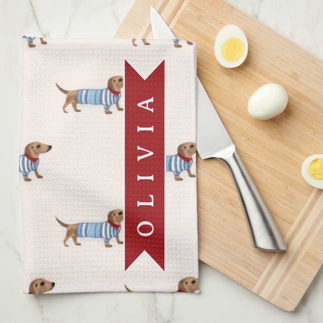 Personalized Preppy Cute Dachshund Dog Pattern Kitchen Towel (Quarter Fold)