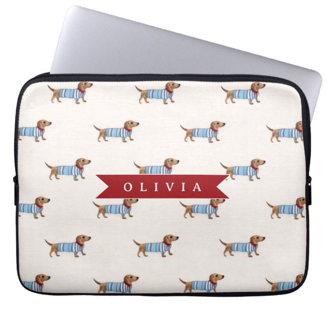Personalized Preppy Cute Dachshund Dog Pattern Laptop Sleeve (Front)