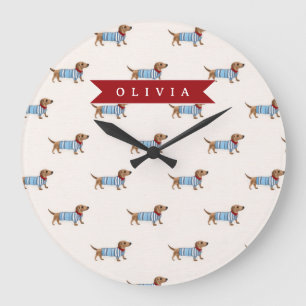 Personalized Preppy Cute Dachshund Dog Pattern Large Clock