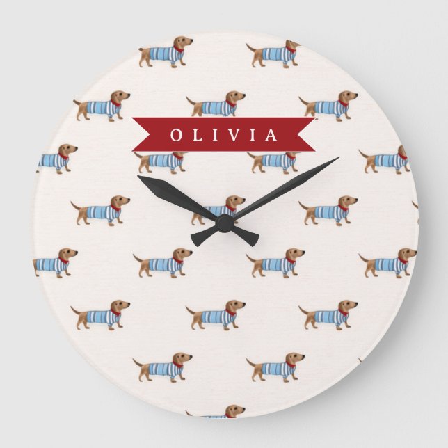 Personalized Preppy Cute Dachshund Dog Pattern Large Clock (Front)