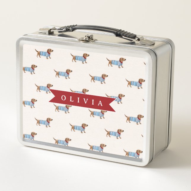 Personalized Preppy Cute Dachshund Dog Pattern Metal Lunch Box (Front)